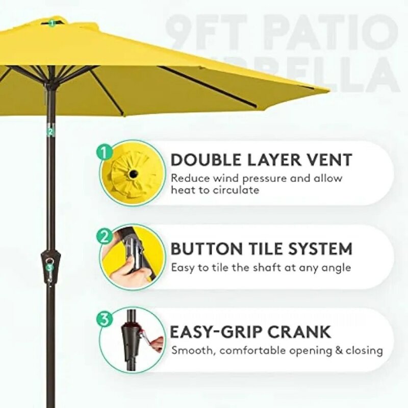 Jearey-プッシュボタン付き屋外パティオテーブル傘、チルトとクランク、マーケット傘、8頑丈な防ダニ、9フィート、黄色
