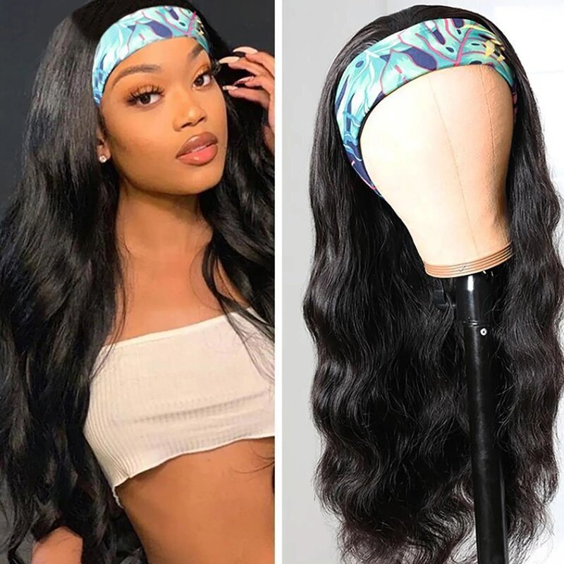 Curly Hair Wig Long Straight Elastic Headband Wig Natural Black Synthetic Wig Heat Resistant 24-Inch Hijab Wig Cosplay Daily
