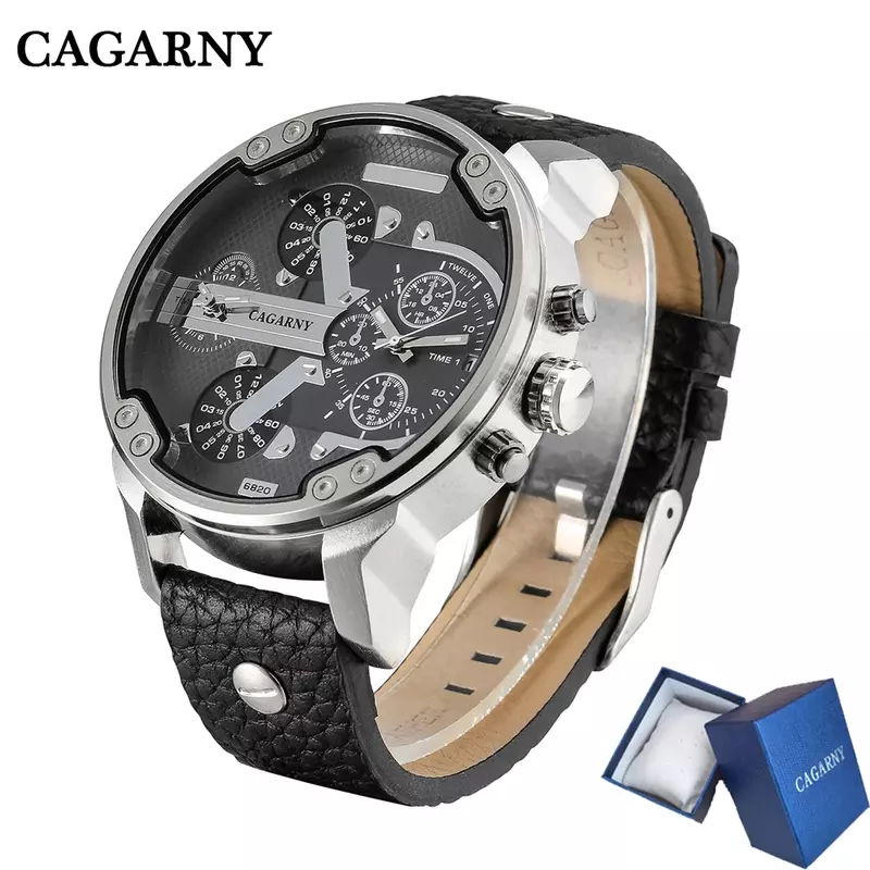 Cagarny-Reloj de pulsera deportivo para hombre, cronógrafo de cuarzo y cuero negro con doble pantalla, estilo militar, 6820