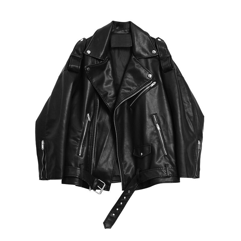 Mantel kulit wanita Vintage hitam baru musim gugur pakaian sepeda motor pendek longgar 2023 mantel jaket kulit PU tampan