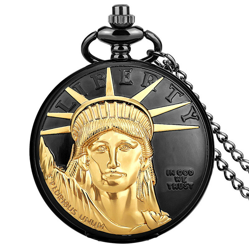 Reloj de bolsillo antiguo con cubierta de Estatua de la libertad para hombre y mujer, relojes analógicos de cuarzo con número romano, collar con cadena colgante