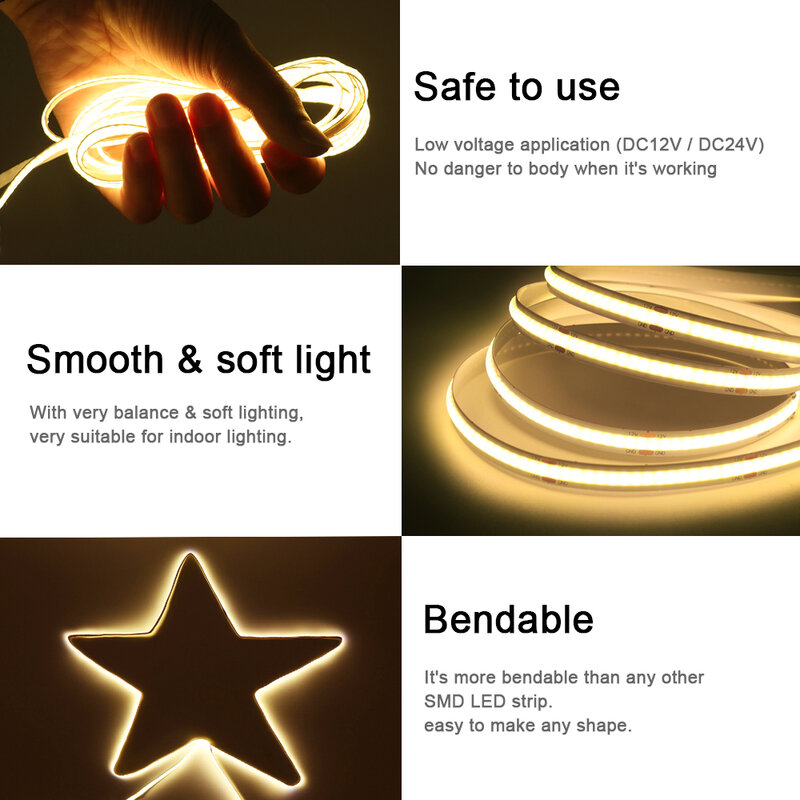 Tira de luces LED COB de 5V, 12V, 24V, 320, 480, 384, 528, cinta Flexible de 5mm, 3mm, 8mm, PCB, blanco cálido Natural, luces lineales de alta densidad