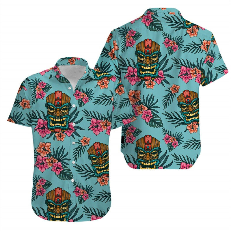 Camisa hawaiana Retro Tiki Aloha para hombre, blusa de manga corta con botones, solapa de gran tamaño, estampado 3D, ropa de calle, ropa de playa