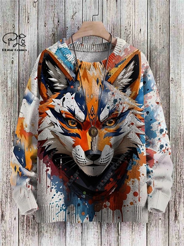 New animal series 3D printing retro cute fox art printing authentic ugly sweater winter casual unisex sweater