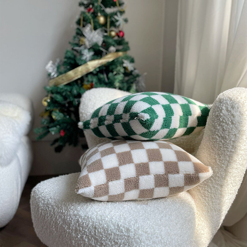 Lamb Cashmere Chessboard Cushion Cover Soft Plush Retro Plaid Pillowcase Home Decor Chair Sofa Bed Pillow Covers