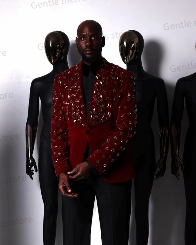 Conjunto de terno 2 peças de veludo vermelho masculino, blazer e calça preta, pedra de cristal, smoking do noivo do baile, casaco, personalizado, traje formal de jaqueta de escritório