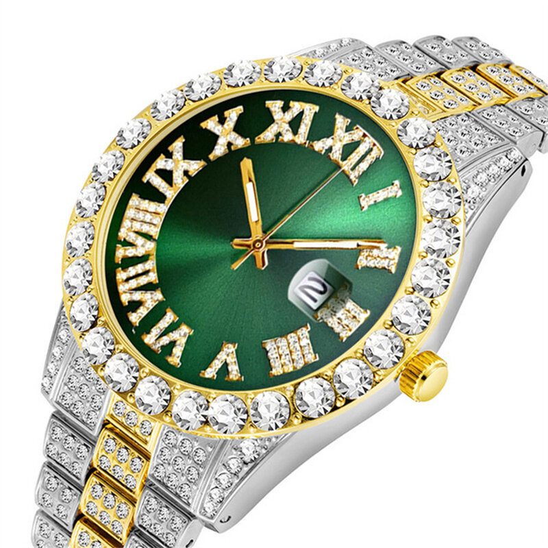 Homens Hip Hop Iced Out Watch, marca de luxo, relógios de diamante, calendário, relógios de pulso de quartzo, relógio masculino, presente para homens