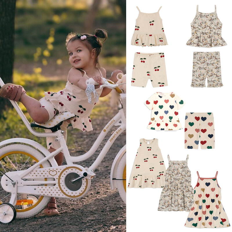 2024 Summer KS Baby Clothes Suit Girls Cherry Print T-shirt Shorts bambini Heart Dresses bambini Sling Tops T Casual Outfit Sets