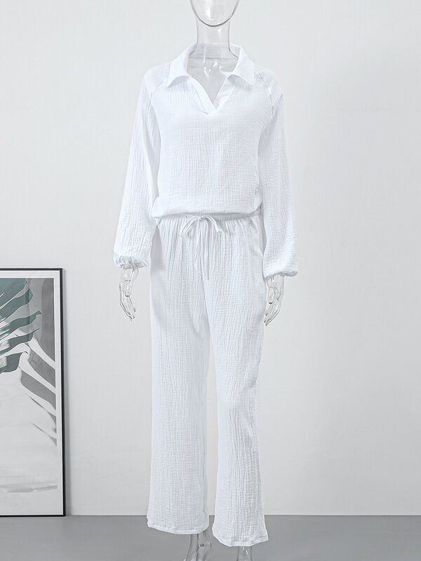 ชุดสองชิ้นเสื้อลำลองทรงหลวม2024แขนยาวสีขาวสำหรับผู้หญิงชุดกางเกงปักลูกไม้ชุดผู้หญิงปกเสื้อแบบ Sping 2024