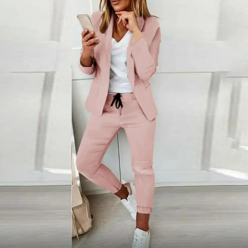 1 Set Popular Blazer Trousers  Turndown Collar Female Women Suit Set  Pure Color Blazer Elastic Waist Pants