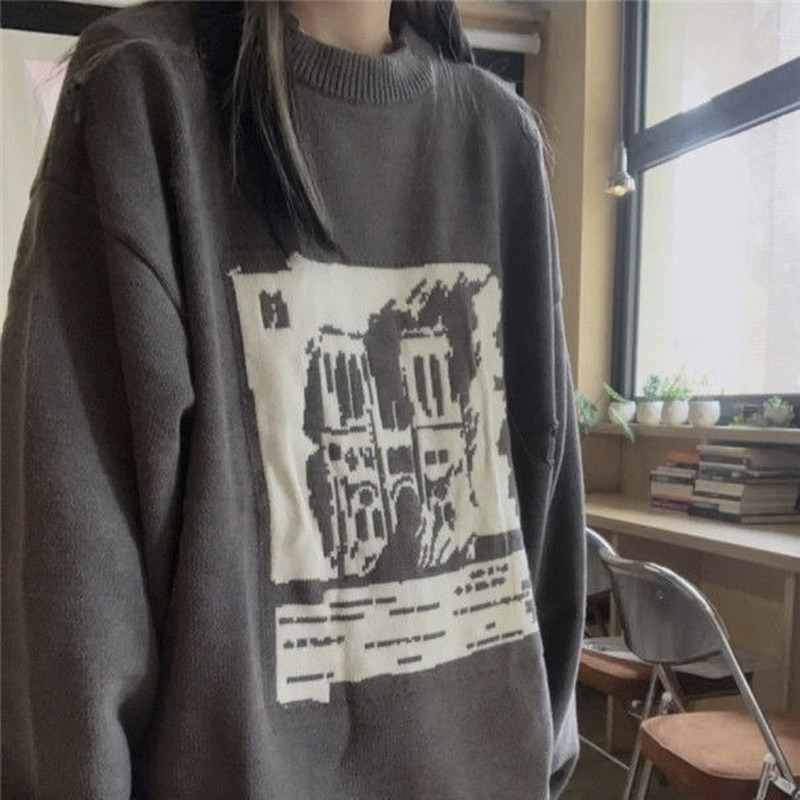 Deeptown Grunge Gothic Grey Sweater Women Harajuku Hollow Out Graphic Jumper Oversize Retro Streetwear Pullover Knitted Top Punk