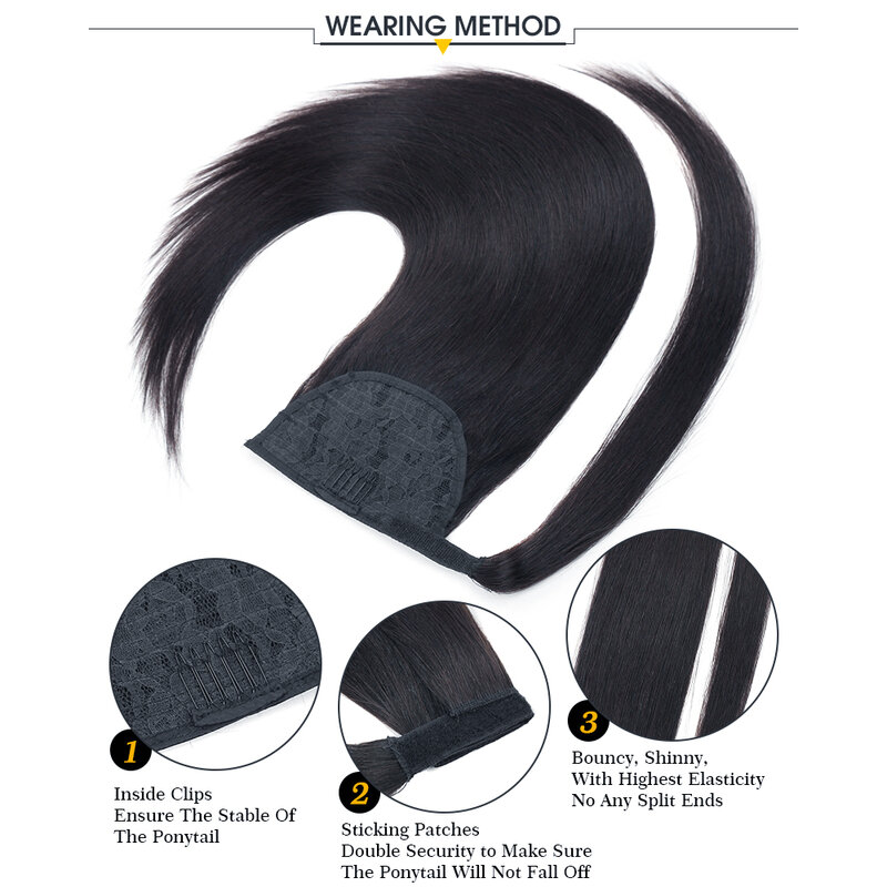Extensions de cheveux brésiliens naturels Remy, postiche à clip, queue de cheval, cheveux longs et raides, postiche ronde, document naturel
