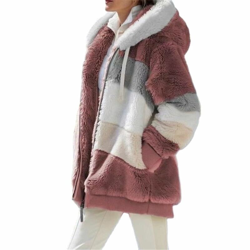 Jaqueta de pele sintética para mulheres, casaco com zíper, patchwork, solto, costura, xadrez, velo, quente, casual, casacos, roupas femininas, inverno