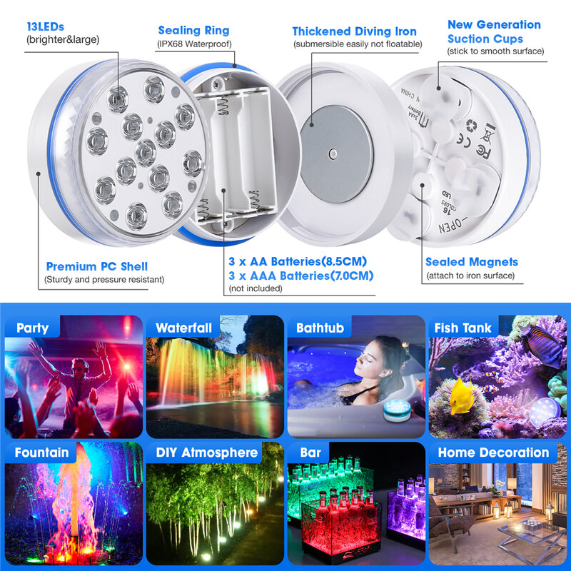 Ímã submersível luzes LED com controle remoto, luz subaquática da piscina, lâmpada brilhante, RGB, lagoa, piscina, aquário, atualizado, IP68, 13