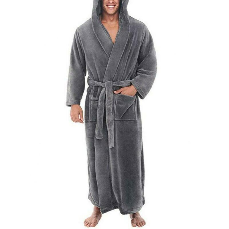 Мужской фланелевый Халат свободного покроя с капюшоном, зимний длинный халат, домашняя одежда, одежда для сна с карманами, зимняя теплая повседневная мужская одежда для ванны, ночная рубашка для отдыха