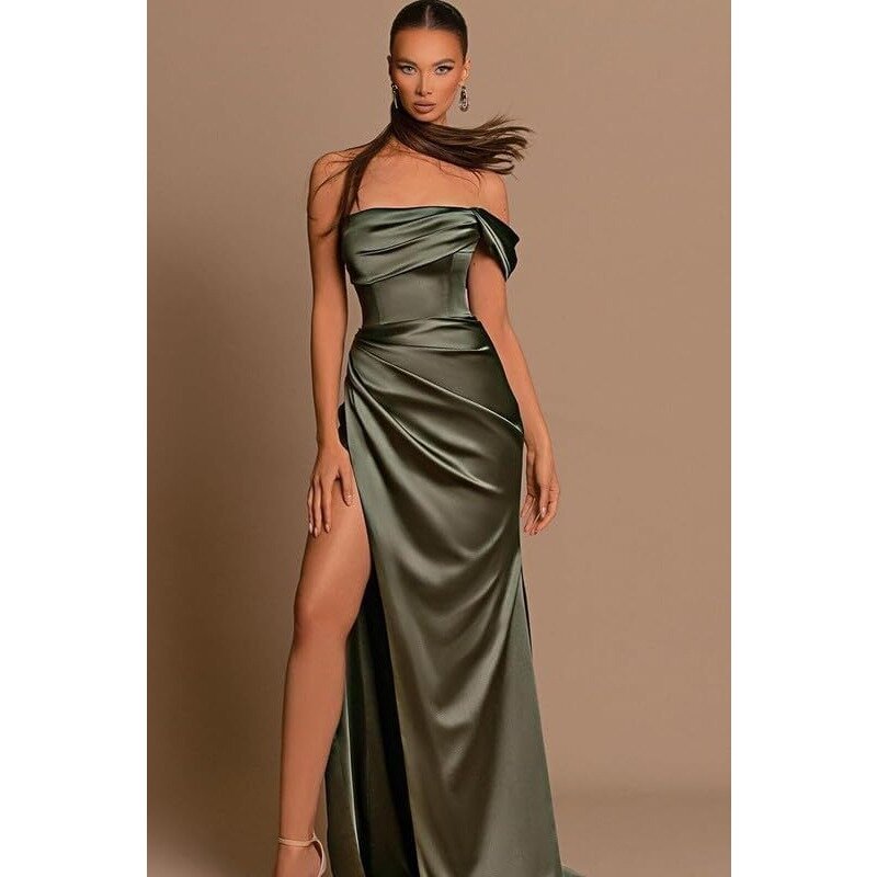 Suknie dla druhen o kroju syreny na jedno ramię z satynowym rozcięciem Maxi bal formalna suknia wieczorowa vestidos de fiesta dla kobiet