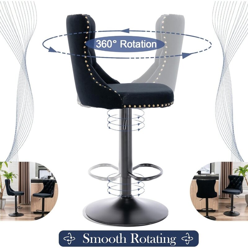 Bar Stool Conjunto de 4,Velvet Counter Altura Barstools, assento ajustável, cadeiras giratórias adornadas, base preta