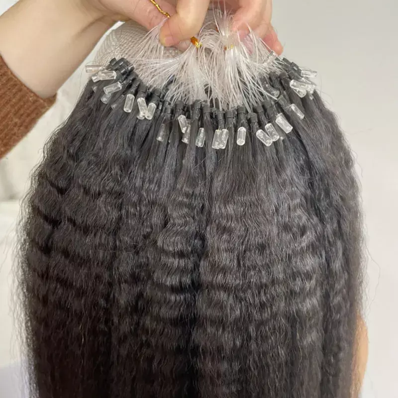 Extensiones de cabello humano rizado para mujeres negras, microeslabones rectos, anillos de bucle, negro Natural, brasileño