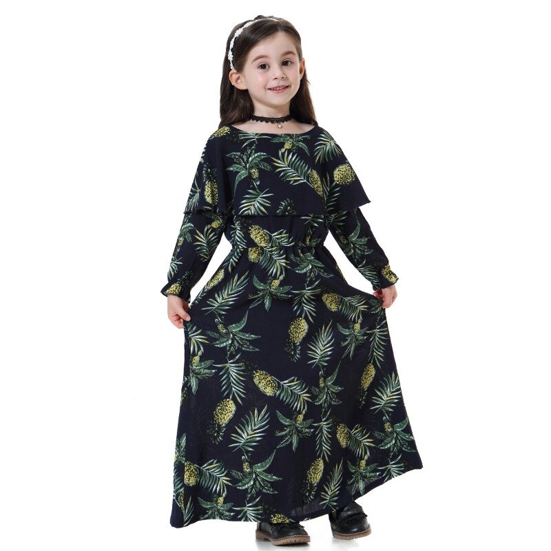 Robes imprimées à manches longues pour filles, robes arabes musulmanes, col rond, robes florales, vêtements islamiques turcs, robes pour enfants