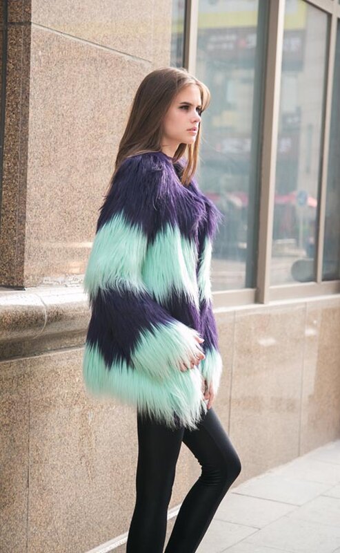 Faux Fur Coat Women's Stitching Fluorescent Coat Long Hair European and American Concealed Buttons