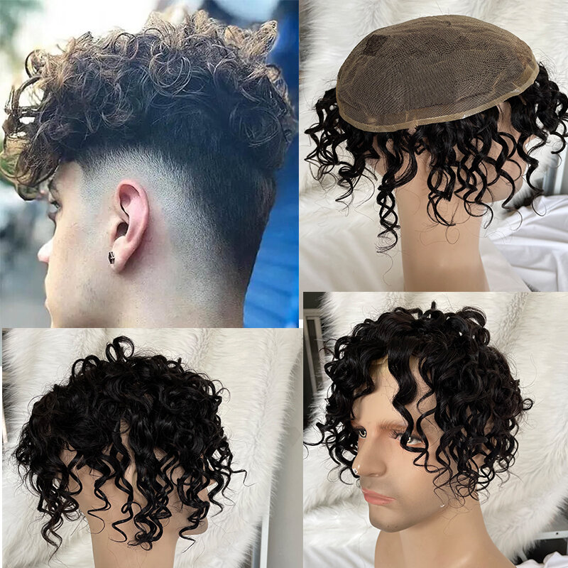 Pełna szwajcarska koronkowa tupecik męski Brazylijska wymiana ludzkich włosów dla mężczyzn Treska 1B Kolor 8X10 Luźne kręcone włosy Męska koronkowa peruka