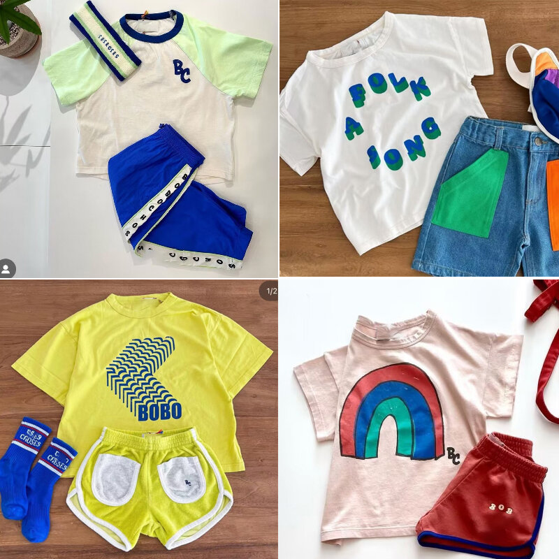 Cute Print manga curta Tees e calças para crianças, camisetas e shorts, conjuntos de roupas para meninas e meninos, BC 24 SS