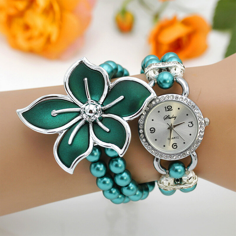 女性のための新しいファッション時計,パールチェーン,白い花,クォーツ,腕時計,ラインストーン