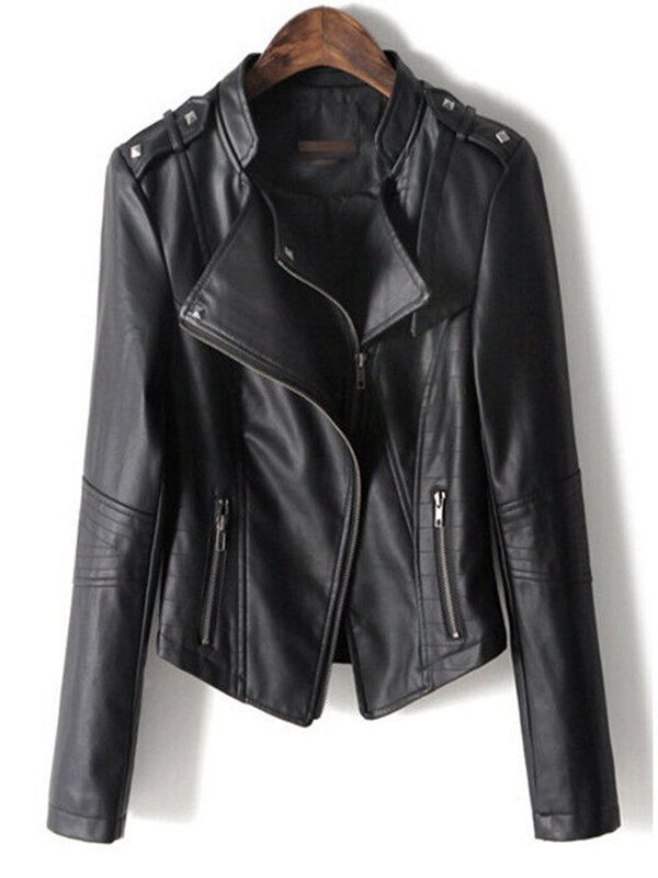 Sungtin-Chaqueta de piel sintetica para mujer, abrigo corto con remaches, colore negro, estilo Punk, para primavera y otojos