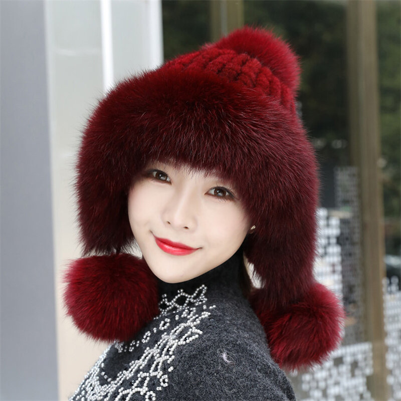 Chapéu de inverno feminino real de pele de raposa chapéu de bola de inverno russo chapéu de pele de inverno quente venda natural de pele de vison quente boné senhoras de malha 100% chapéus de pele