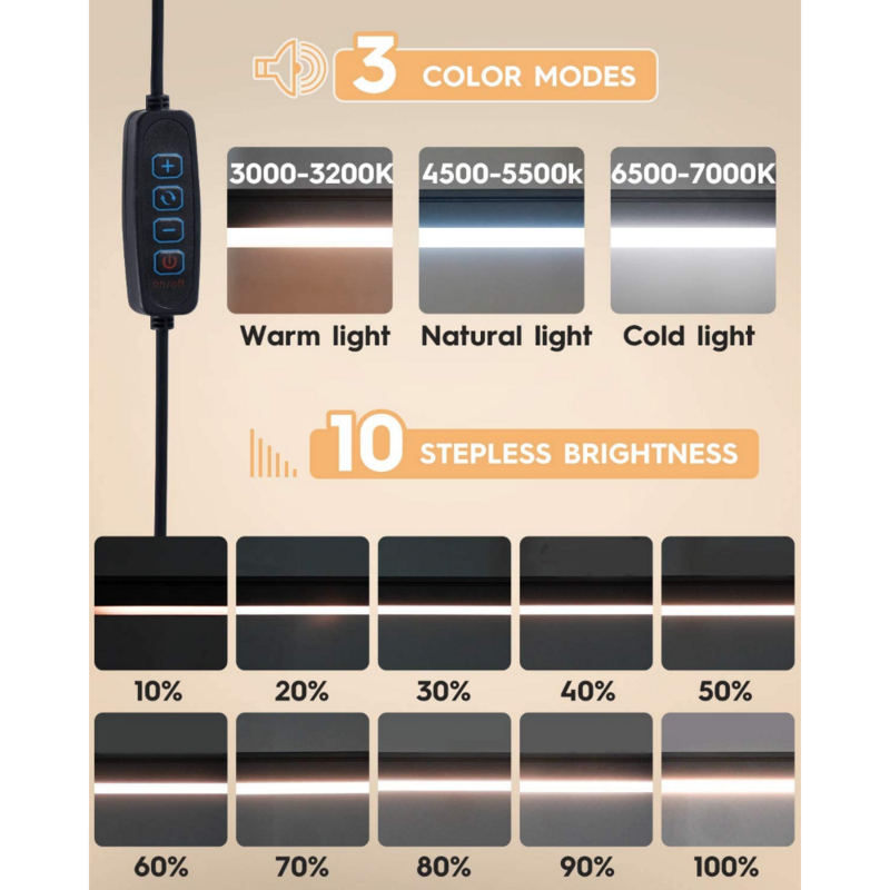 클램프가 있는 LED 책상 램프, 스윙 암 책상 램프, 눈 보호, 밝기 10 단계, 3 가지 조명 모드, 10W