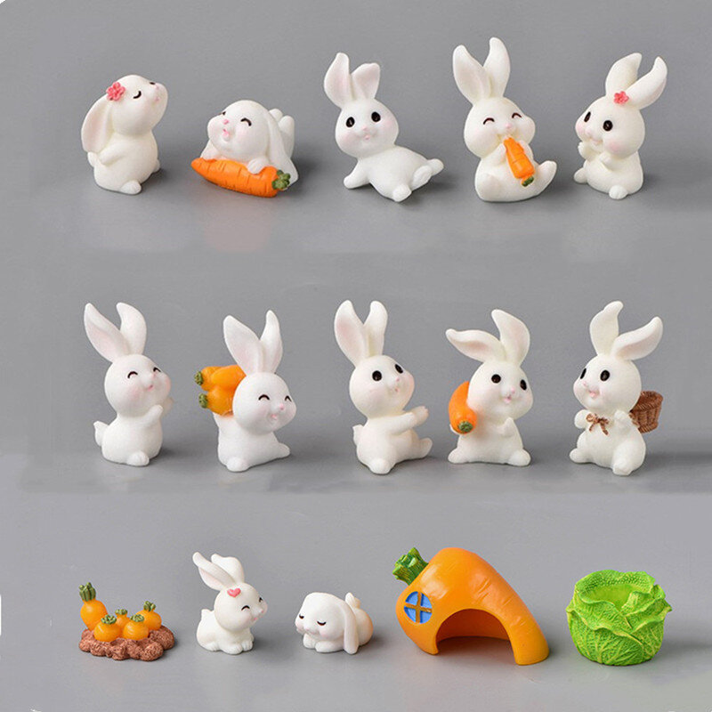 Mini estatuetas em miniatura tipo coelho, 18pcs, bonecas bonitas da casa, cenoura, ornamento do jardim de fadas, micro decorações do coelho, animais diy