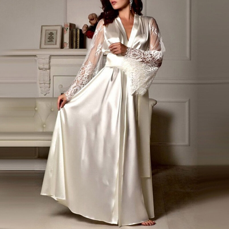 Kobiece koronkowe patchworkowe długie szlafroki koszula nocna miękki jedwab szlafrok szlafrok dla kobiet bielizna nocna damska seksowna bielizna nocna
