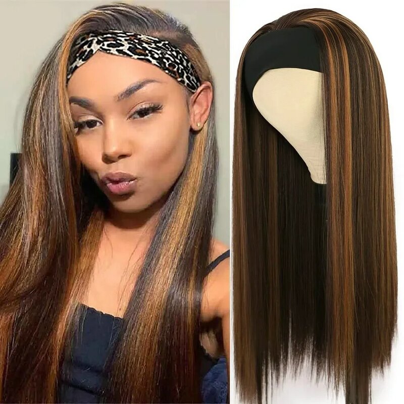 5Colors 3/4 Half Wig Long Black & mixed gold brown Straight Women Lady Headband Cosplay Wigs