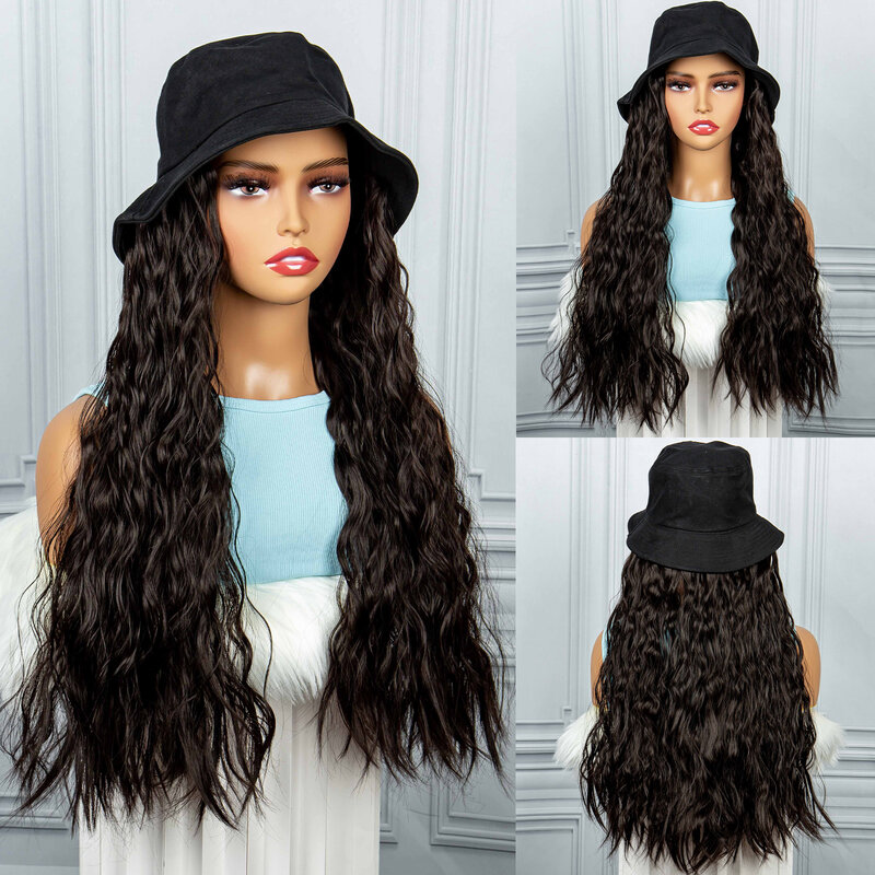KIMA New Arrival 22 Inch Brown Color Water Wave Wavy Wig With Bucket Hat Cap Synthetic Hair Extension Cap Wig For Girls Women