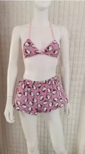 Pijama solto para senhoras, fundo do sono dos desenhos animados, terno lounge, roupa de praia feminina, Miniso Sanrio Hello Kitty, 2 peças, verão