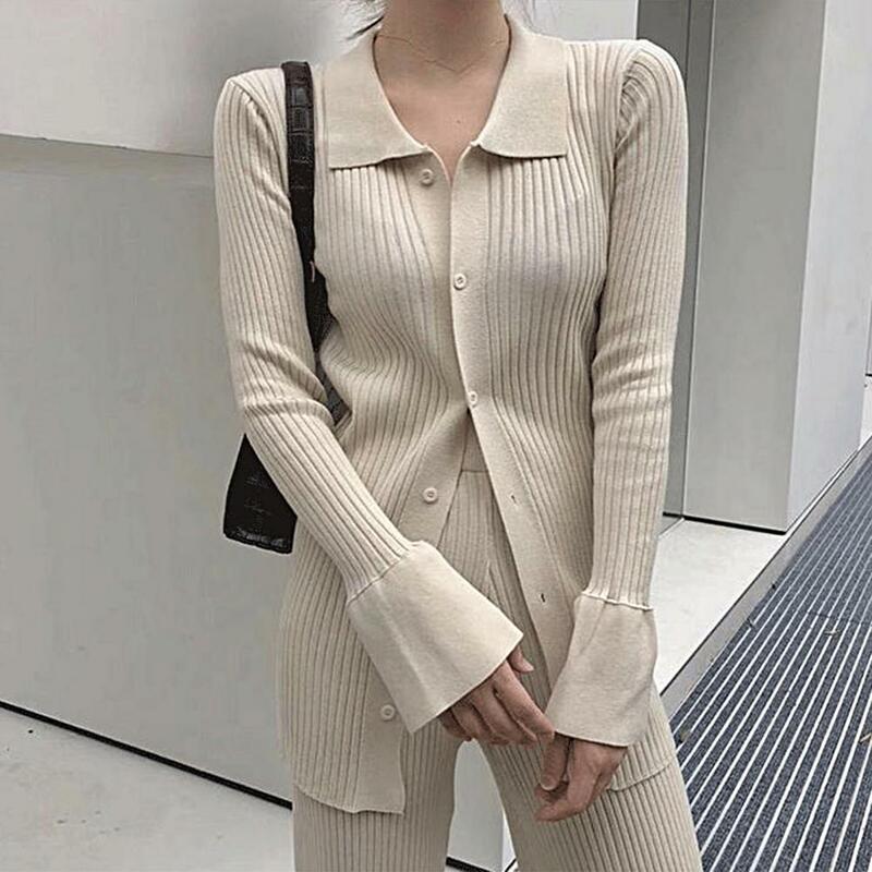 Sweater Coat Pants Set Solid Color Slim Fit Long Sleeves Turn-down Collar Elastic Flared Sleeves Women Sweater Trousers Suit