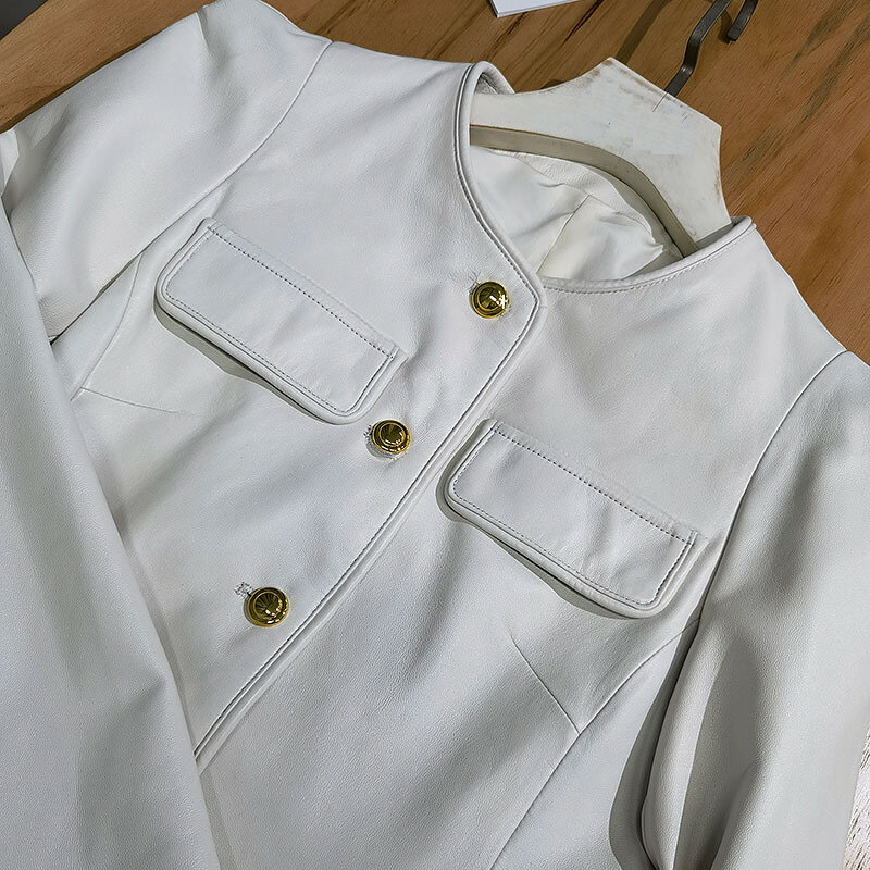 Mantel Kulit Wanita Pertengahan Panjang Mengumpulkan Jaket Pinggang Perempuan Kulit Domba Antik Gesper Emas Leher Bulat Hitam/Putih Casacas Mujer