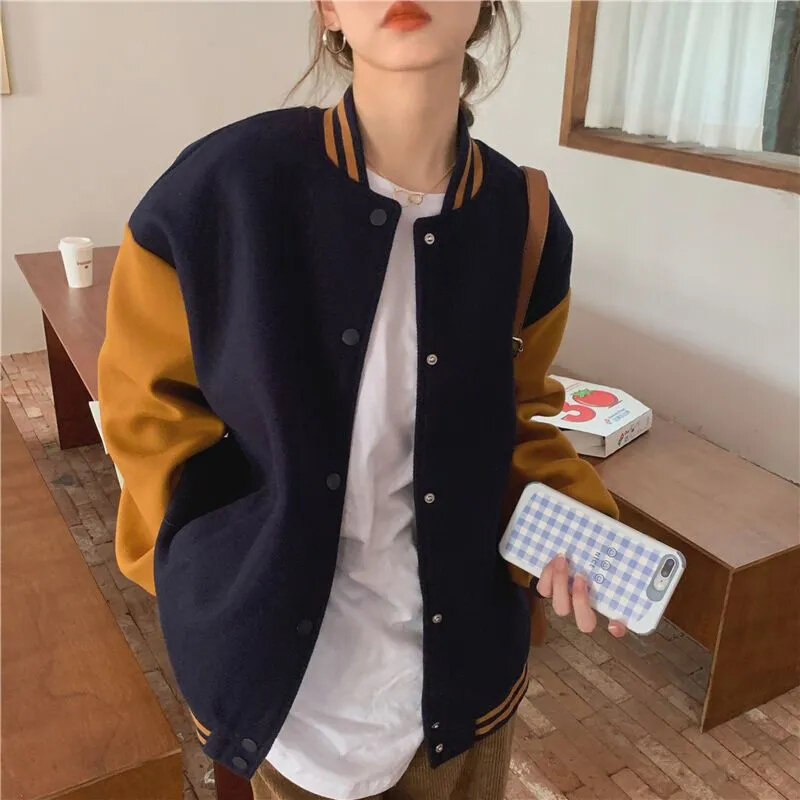 Giacca da Baseball Vintage donna Harajuku cappotto Oversize Streetwear Y2K coreano allentato Patchwork tasca College capispalla felpa
