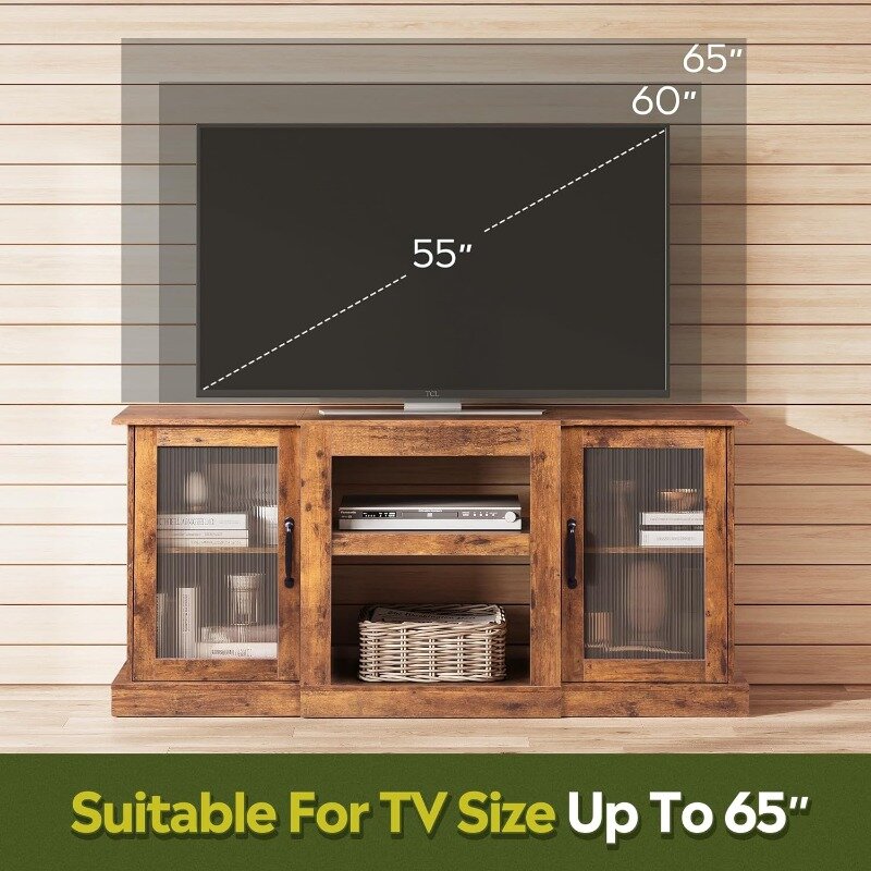 WLIVE Retro TV Stand for 65 inch TV, TV Console Cabinet with Storage, Open Shelves Entertainment Center