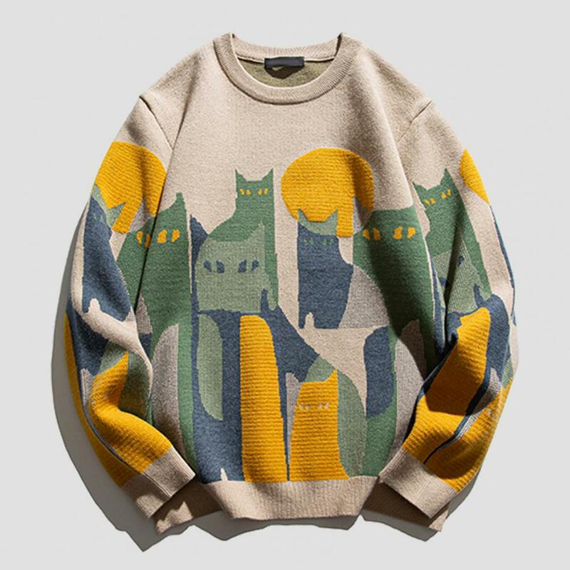 Crew Neck Pullover Sweater Cozy Cat Print Sweater for Men Thick Knitted Warm Pullover with Round Neck Unisex Mid for Winter