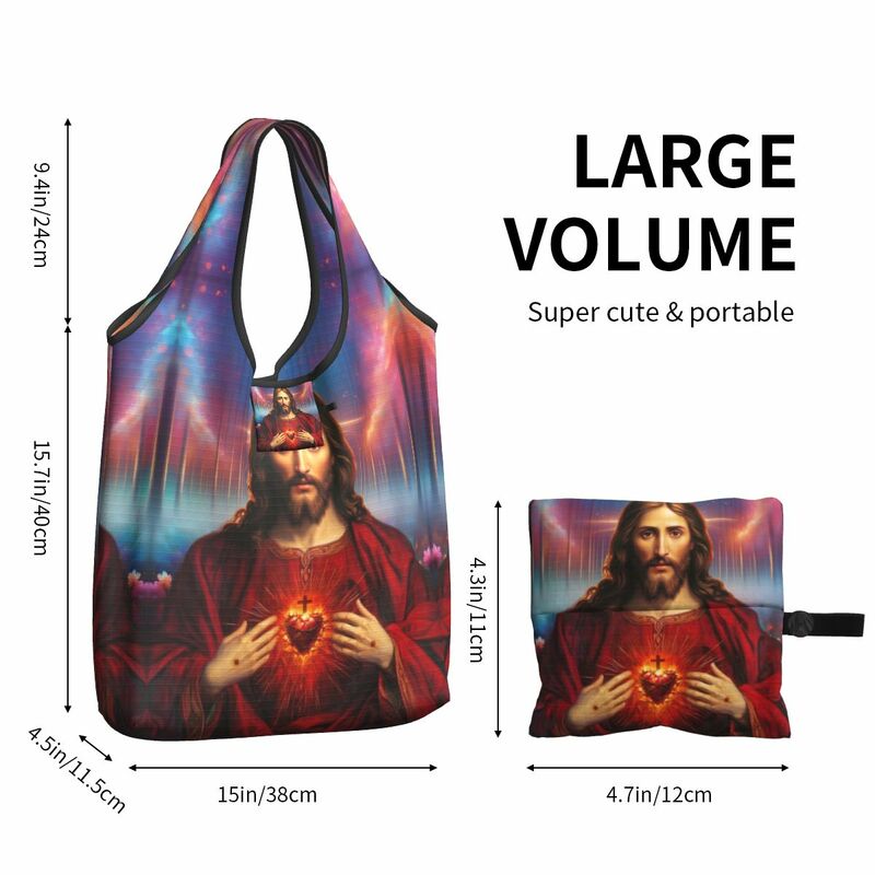 Holy Jesus Christ Sacred Heart Grocery Bag Durable Large Reusable Recycle Foldable Religious Catholic Saint Shopping Eco Bag