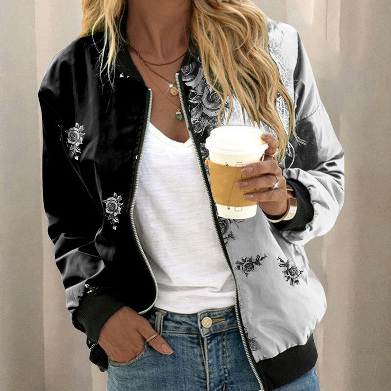 Womens Casual Daily Jackets Lightweight Zip Up Casual Fashion Jacket Floral Print Coat Stand Short Sports Outwear Zipper Tops