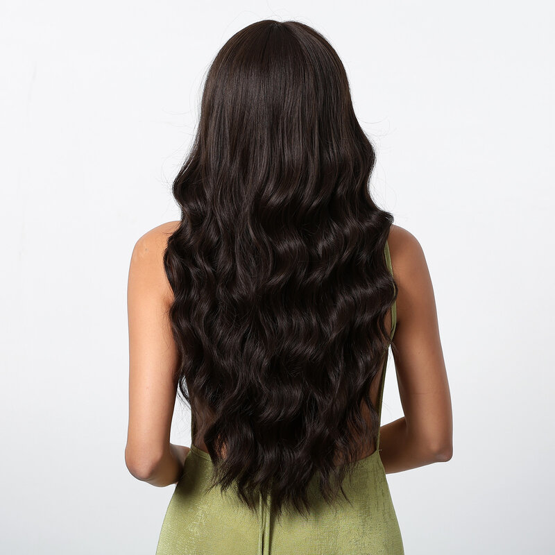 女性のための長い波状の巻き毛合成かつら、自然な繊維、ダークブラウンの髪、耐熱性、コスプレ、毎日の使用
