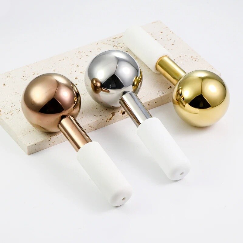 Facial Ice Globes, Stainless Steel Ball Face Roller, Anti Age Skin Soothing Reduce Puffiness,Tighten Skin(White Handle)
