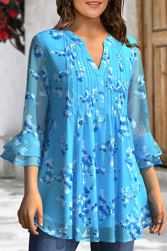 Flycurvy Plus Size Dressy Blue Chiffon Floral Print Pleated Double Layer Ruffled Cuff 3/4 Sleeve Blouse