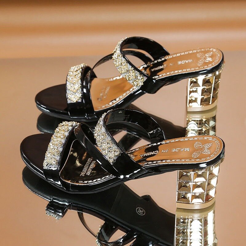 Sandálias de salto alto de cristal dourado brilhante para mulheres, sapatos de festa confortáveis, calcanhar grosso, verão 2024
