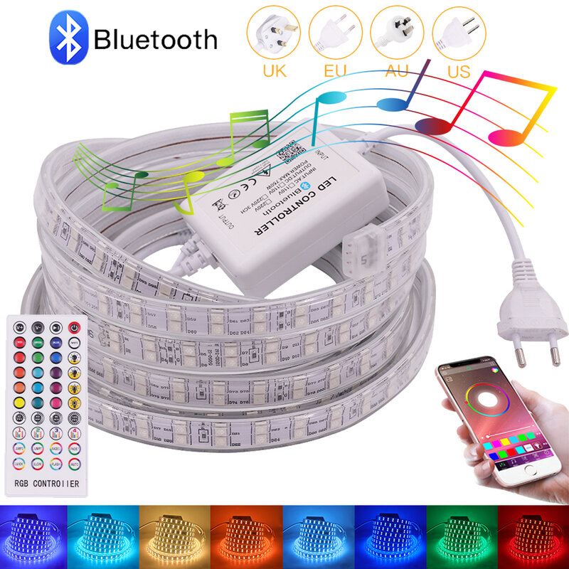 Bluetooth conduziu a luz de tira ac 220v110v smd5050 rgb fita led flexível 60leds 120leds ao ar livre led fita app controle led corda luz