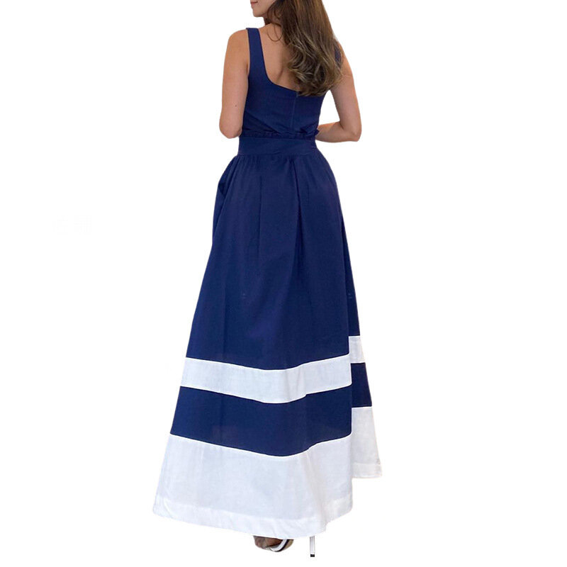 Новинка весны 2024, модное и элегантное женское двухцветное платье средней длины FD1591 на бретелях с квадратным вырезом