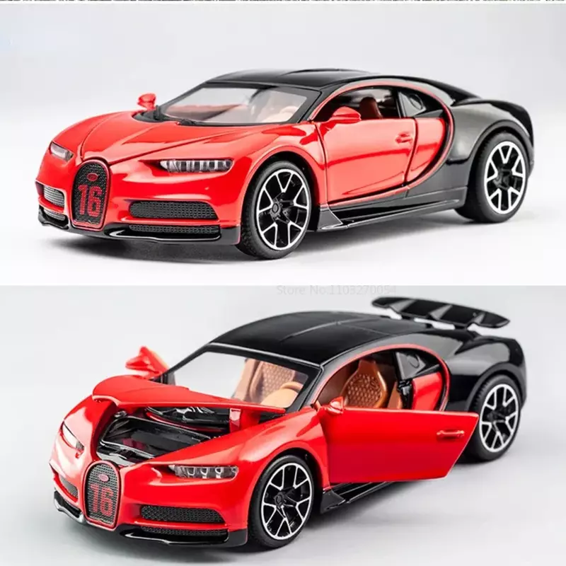Bugatti Chiron Alloy Sport Car Toy, Metal fundido, veículos em miniatura com luz sonora, puxar brinquedos colecionáveis, 1:32