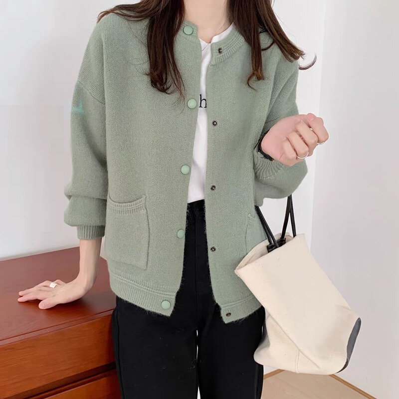 Cárdigan de punto de moda coreana para mujer, abrigo suelto de manga larga, suéter liso con bolsillo, otoño e invierno, 2023